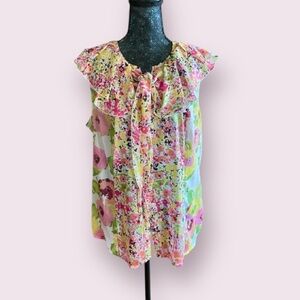 APOSTROPHE Multicolored Floral Ruffle Sheer Sleeveless Button Down Blouse